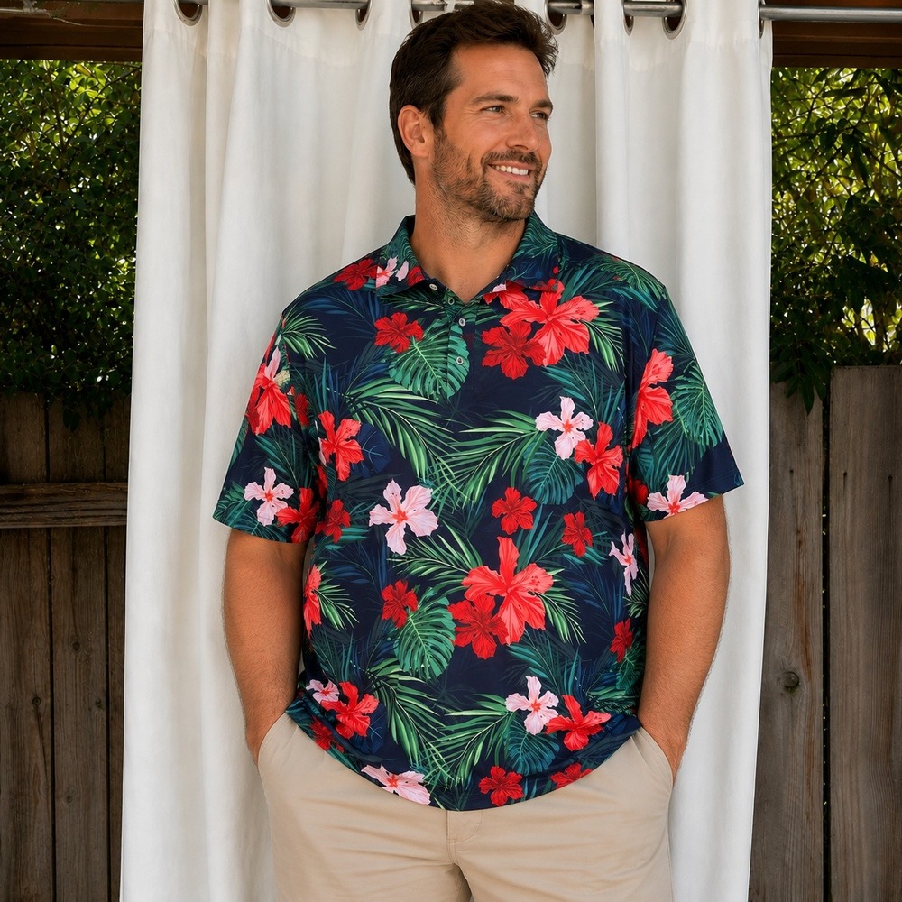 Yatta Golf Mens 4XL Tropical Hibiscus Floral Performance Polo Shirt Navy Red NEW